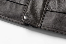 Load image into Gallery viewer, Close-up of REED Men's American Style Bomber Genuine Leather Jacket showcasing luxurious material and stitching detail.
