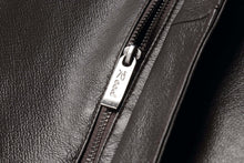 Load image into Gallery viewer, Close-up of zipper on REED Men's American Style Bomber Leather Jacket highlighting genuine leather texture and craftsmanship