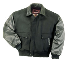 Charger l'image dans la galerie, REED men's leather varsity bomber jacket with wool body and leather sleeves. Made in USA. Classic style, top-grain leather, mid-weight design.