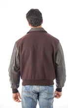 Charger l'image dans la galerie, Back view of a man's leather varsity bomber jacket with wool and leather design, made in USA by REED.
