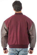 Cargar imagen en el visor de la galería, Back view of REED Men's Premium Varsity Leather/Wool Jacket in burgundy, showcasing quality craftsmanship and classic style.