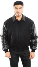 Cargar imagen en el visor de la galería, REED Men's Premium Varsity Jacket in leather and wool, black, made in USA, featuring quilted lining and inside pocket.