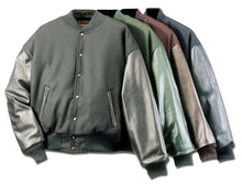 Cargar imagen en el visor de la galería, REED Men's Premium Varsity Leather/Wool Jacket, USA Made, showcasing durability and style in various colors.