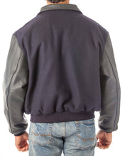 Charger l'image dans la galerie, Back view of a REED men's leather varsity bomber jacket with wool body and leather sleeves, made in USA.
