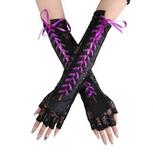 Load image into Gallery viewer, Elegant elbow-length half-finger lace gloves with purple ribbon detail, adding a touch of glamour and sophistication to any outfit.