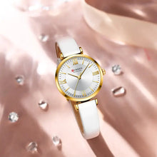 Cargar imagen en el visor de la galería, Elegant Classic Clock Leather Watch with golden clockface, quartz movement, water-resistant design, and white leather strap for women.