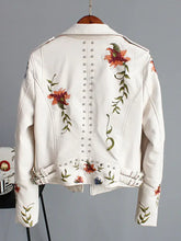 Load image into Gallery viewer, Floral Print Faux Leather Jacket with studded details, featuring colorful floral patterns, combining a punk rock aesthetic with elegance.