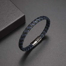 Cargar imagen en el visor de la galería, Classic hand woven multi-layered vegan leather bracelet in sleek black, featuring high-quality alloy clasp, perfect for men.