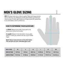 Load image into Gallery viewer, Men's glove sizing chart with palm width and length measurements for size XS to XXL.
