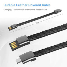 Cargar imagen en el visor de la galería, Portable vegan leather phone cable bracelet, 8.9 inches, durable and sleek design for charging and syncing.