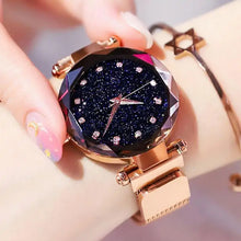 Load image into Gallery viewer, Elegant women's luxury diamond watch with a sparkling black dial and rose gold strap, perfect for style-conscious individuals.