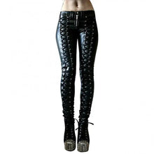 Load image into Gallery viewer, Steampunk vegan leather skinny pants with lace-up design, edgy style, perfect for bold fashion statement and unique look.