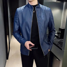 Charger l'image dans la galerie, Men's vegan leather motorcycle jacket in blue, stylish outerwear for riding, designed for style and protection.