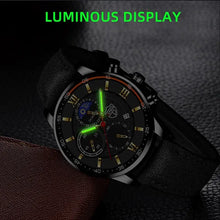 Cargar imagen en el visor de la galería, Men's casual leather watch showcasing luminous display and sleek design, emphasizing style and functionality.