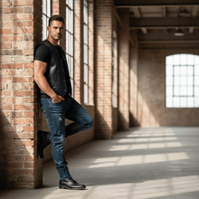 Load image into Gallery viewer, REED Men's Soft Durable Motorcycle Leather Vest Black, 2 Inside Pockets - Imported