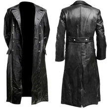 Load image into Gallery viewer, Men's black vegan leather trench coat with button closure and lapel collar, front and back view.