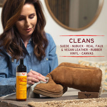 Load image into Gallery viewer, Woman cleaning suede boots with Suede & Nubuck Cleaner, showcasing versatility for leather, rubber, vinyl, and canvas fabrics.