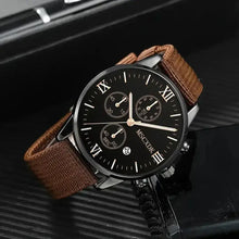 Load image into Gallery viewer, Men's business watch with brown strap and black dial featuring Roman numerals, perfect for professional and sophisticated style.