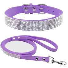 Cargar imagen en el visor de la galería, Purple leather dog collar leash set with sparkling rhinestone details, combining style and durability for pet walks.