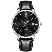 Cargar imagen en el visor de la galería, Luxury men’s quartz watch with black vegan leather strap and elegant design, showcasing Roman numeral dial and precision craftsmanship.