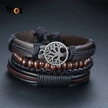 Cargar imagen en el visor de la galería, Vnox vegan leather wrap bracelets set with ethnic charm and tree design, featuring high-quality materials and rugged lace-up clasp.