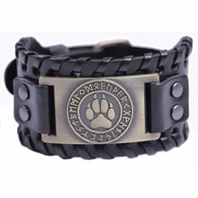 Cargar imagen en el visor de la galería, Bear Paw Handmade Braided Genuine Leather Strap with engraved design, showcasing rugged charm and sophisticated elegance.
