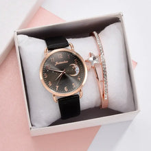 Charger l'image dans la galerie, Moon Bracelet & Watch Set with celestial dial, featuring elegant black strap watch and rose gold star-studded bracelet in box.
