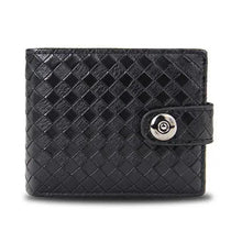 Cargar imagen en el visor de la galería, Men's retro woven pattern black leather wallet with button clasp, stylish PU design for modern fashion and organization.