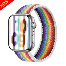 Load image into Gallery viewer, Rainbow nylon strap for Apple Watch, compatible with Series 1-7 and SE. Elastic loop design, fits 38mm to 45mm cases. New product.