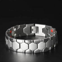 Load image into Gallery viewer, Stylish magnetic therapy bracelet designed to enhance energy and vitality, featuring a sleek silver hexagon pattern.