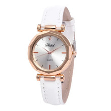 Cargar imagen en el visor de la galería, Fashion women leather casual watch with white vegan leather strap and rose gold case, featuring quartz movement for precise timekeeping.