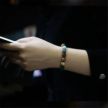 Load image into Gallery viewer, Hand wearing Eight Planets Natural Stone Bracelet with Blue Sand Stone, Red Agate, Tiger Eye Stone, Lapis Lazuli, Yellow Jade beads.