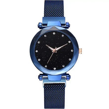 Load image into Gallery viewer, Luxury women's diamond watch with blue band, black dial, and quartz movement. Elegant and timeless design.