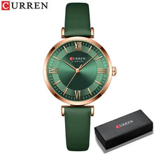Cargar imagen en el visor de la galería, Green Classic Clock Leather Watch with gold accents and box, stylish women's wristwatch with leather strap and quartz movement.