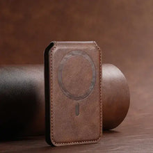Cargar imagen en el visor de la galería, Luxury Leather Mobile Magnetic Card Holder for iPhone 14-15, Magsafe compatible, sleek design, brown finish, on a leather backdrop.