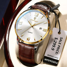Cargar imagen en el visor de la galería, Luxury men's quartz watch with vegan leather band, gold accents, and sale price tag in elegant gift box.