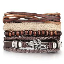 Charger l'image dans la galerie, Multilayer leather bracelet with wooden beads and silver accents, showcasing rugged elegance and high durability.