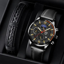Cargar imagen en el visor de la galería, Luxury men's leather watch with black strap, gold details, and braided band in an elegant gift box.