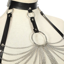 Load image into Gallery viewer, Goth leather body harness with intricate chains and bold design for gothic style fashion statement.