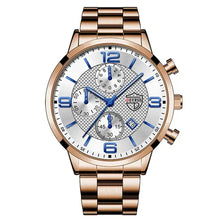 Load image into Gallery viewer, Luxury men's business watch with gold bracelet and blue accents, elegantly designed for modern professionals' style and precision.