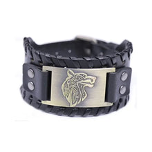 Load image into Gallery viewer, Vintage wide leather woven wolf head bracelet with intricate design, symbolizing strength and independence, ideal for unique style.