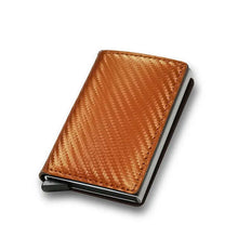 Cargar imagen en el visor de la galería, Slim trifold RFID wallet in brown vegan leather, perfect for organizing essentials with style and security.
