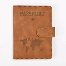 Cargar imagen en el visor de la galería, PU leather passport and card holder in brown with world map design, vegan leather, imported travel accessory