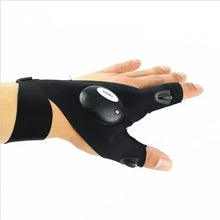 Load image into Gallery viewer, LED flashlight fishing glove on hand, perfect for outdoor activities like camping, biking, and hiking. Fingerless design for convenience.