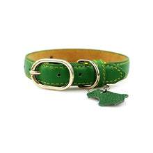 Cargar imagen en el visor de la galería, Green genuine leather dog collar with gold buckle and pendant.