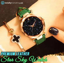 Cargar imagen en el visor de la galería, Luxurious vegan leather star sky watch with celestial-inspired dial and elegant green strap, perfect for sophisticated elegance.