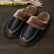 Cargar imagen en el visor de la galería, Men's black brown warm vegan leather slippers with cozy interior and durable sole for comfort and traction.