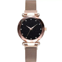 Load image into Gallery viewer, Women's Luxury Diamond Watch with black dial, rose gold mesh strap, and quartz movement for elegant style and precise timekeeping.