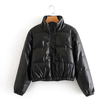 Load image into Gallery viewer, Women's winter thick black PU leather coat, warm and stylish outerwear ideal for cold weather.