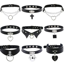 Cargar imagen en el visor de la galería, Collection of various black leather choker necklaces with unique pendants and designs, including chains, crosses, and hearts.